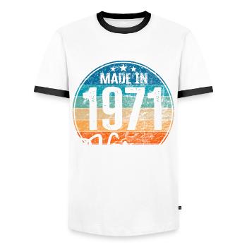 Vintage Made in 1971 Year of birth 1971 Birthday - Men's Ringer Shirt - white/black - Front - AI Model Female 172 light (172cm) & AI Model Male 178 dark (178cm)