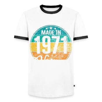 Vintage Made in 1971 Year of birth 1971 Birthday - Men's Ringer Shirt - white/black - Front - AI Model Female 172 light (172cm) & AI Model Male 178 dark (178cm)