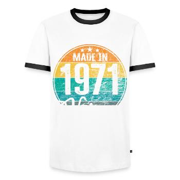 Vintage Made in 1971 Year of birth 1971 Birthday - Men's Ringer Shirt - white/black - Front - AI Model Female 172 light (172cm) & AI Model Male 178 dark (178cm)