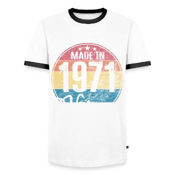 Vintage Made in 1971 Year of birth 1971 Birthday - Men's Ringer Shirt - white/black - Front - AI Model Female 172 light (172cm) & AI Model Male 178 dark (178cm)