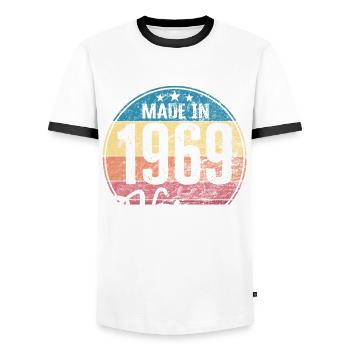 Vintage Made in 1969 Year of birth 1969 Birthday - Men's Ringer Shirt - white/black - Front - AI Model Female 172 light (172cm) & AI Model Male 178 dark (178cm)