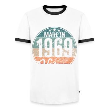 Vintage Made in 1969 Year of birth 1969 Birthday - Men's Ringer Shirt - white/black - Front - AI Model Female 172 light (172cm) & AI Model Male 178 dark (178cm)