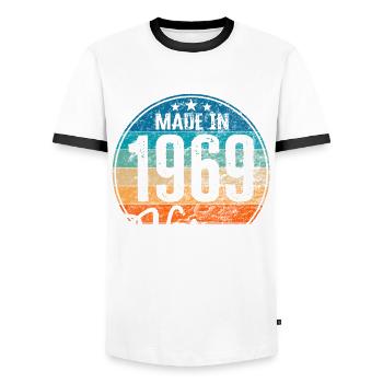 Vintage Made in 1969 Year of birth 1969 Birthday - Men's Ringer Shirt - white/black - Front - AI Model Female 172 light (172cm) & AI Model Male 178 dark (178cm)