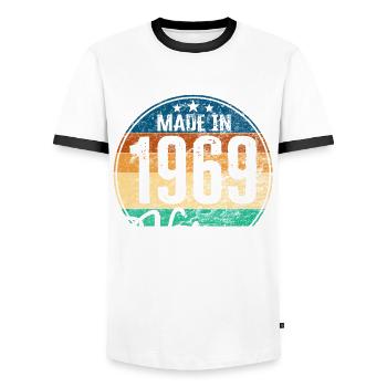Vintage Made in 1969 Year of birth 1969 Birthday - Men's Ringer Shirt - white/black - Front - AI Model Female 172 light (172cm) & AI Model Male 178 dark (178cm)