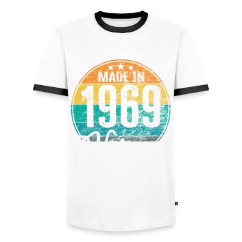 Vintage Made in 1969 Year of birth 1969 Birthday - Men's Ringer Shirt - white/black - Front - AI Model Female 172 light (172cm) & AI Model Male 178 dark (178cm)