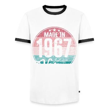 Vintage Made in 1967 Year of birth 1967 Birthday - Men's Ringer Shirt - white/black - Front - AI Model Female 172 light (172cm) & AI Model Male 178 dark (178cm)