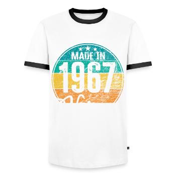 Vintage Made in 1967 Year of birth 1967 Birthday - Men's Ringer Shirt - white/black - Front - AI Model Female 172 light (172cm) & AI Model Male 178 dark (178cm)