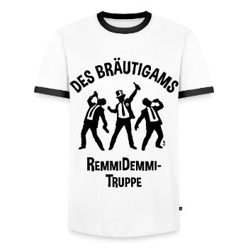 Des Bräutigams Remmidemmi-Truppe (JGA Bier Team B) - Männer Kontrast-T-Shirt - Weiß/Schwarz - Vorne - AI Model Female 172 light (172cm) & AI Model Male 178 dark (178cm)