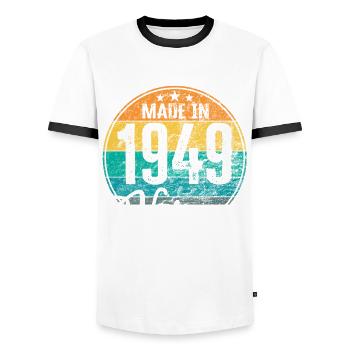 Vintage Made in 1949 Year of birth 1949 Birthday - Men's Ringer Shirt - white/black - Front - AI Model Female 172 light (172cm) & AI Model Male 178 dark (178cm)