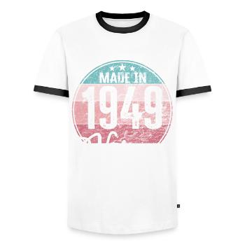 Vintage Made in 1949 Year of birth 1949 Birthday - Men's Ringer Shirt - white/black - Front - AI Model Female 172 light (172cm) & AI Model Male 178 dark (178cm)