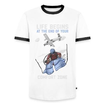 Das Leben beginnt am Ende Ihrer Komfortzone Geschenk - Männer Kontrast-T-Shirt - Weiß/Schwarz - Vorne - AI Model Female 172 light (172cm) & AI Model Male 178 dark (178cm)