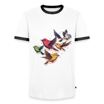 L’escouade des oiseaux - T-shirt contrasté Homme - blanc/noir - Devant - AI Model Female 172 light (172cm) & AI Model Male 178 dark (178cm)