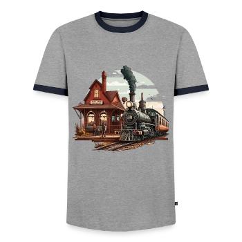 Steaming into the Station - Men's Ringer Shirt - grey/navy  - Front - AI Model Female 172 light (172cm) & AI Model Male 178 light (178cm)