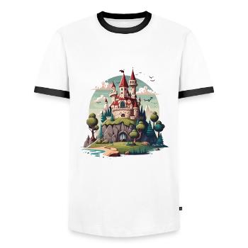Château dans les collines - T-shirt contrasté Homme - blanc/noir - Devant - AI Model Female 172 light (172cm) & AI Model Male 178 dark (178cm)