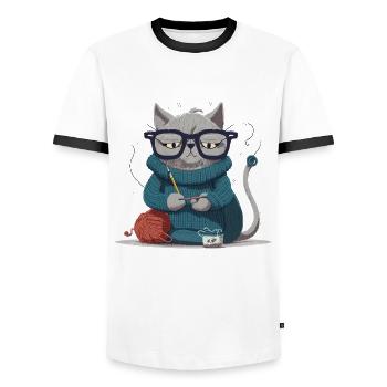 Strickende Katze - Männer Kontrast-T-Shirt - Weiß/Schwarz - Vorne - AI Model Female 172 light (172cm) & AI Model Male 178 dark (178cm)