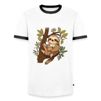 Sloth Reader - Men's Ringer Shirt - white/black - Front - AI Model Female 172 light (172cm) & AI Model Male 178 dark (178cm)