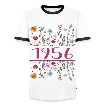 1956 Legendär Seit 1956 Geburtstag 1956 Frauen - Männer Kontrast-T-Shirt - Weiß/Schwarz - Vorne - AI Model Female 172 light (172cm) & AI Model Male 178 dark (178cm)