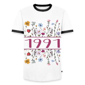 1991 Legendär Seit 1991 Geburtstag 1991 Frauen - Männer Kontrast-T-Shirt - Weiß/Schwarz - Vorne - AI Model Female 172 light (172cm) & AI Model Male 178 dark (178cm)
