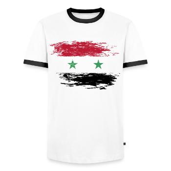 Syria flag used - Men's Ringer Shirt - white/black - Front - AI Model Female 172 light (172cm) & AI Model Male 178 dark (178cm)