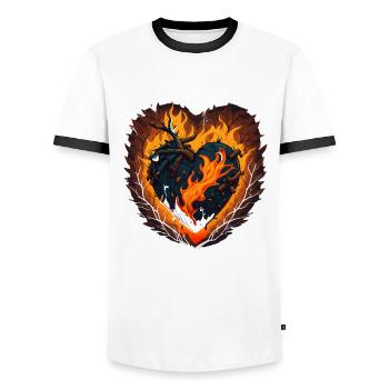 Flaming Love: Ein verspieltes Herz aus Feuer - Männer Kontrast-T-Shirt - Weiß/Schwarz - Vorne - AI Model Female 172 light (172cm) & AI Model Male 178 dark (178cm)