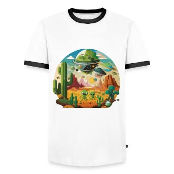 Begegnung mit Außerirdischen: Eine Reise jenseits der Vorstellungskraft - Männer Kontrast-T-Shirt - Weiß/Schwarz - Vorne - AI Model Female 172 light (172cm) & AI Model Male 178 dark (178cm)