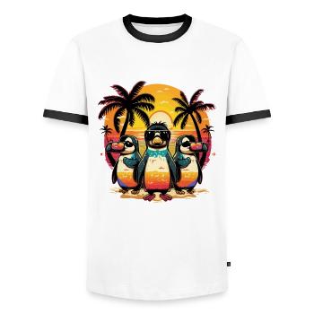 Tropical Vibes: Bunte Hawaii-Pinguine - Männer Kontrast-T-Shirt - Weiß/Schwarz - Vorne - AI Model Female 172 light (172cm) & AI Model Male 178 dark (178cm)