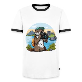 Playful Lens: Cartoon Otter with a Camera - Men's Ringer Shirt - white/black - Front - AI Model Female 172 light (172cm) & AI Model Male 178 dark (178cm)