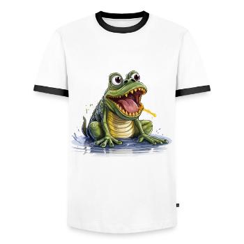 Der Flötenzungenfrosch - Männer Kontrast-T-Shirt - Weiß/Schwarz - Vorne - AI Model Female 172 light (172cm) & AI Model Male 178 dark (178cm)