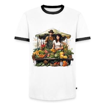 Markt-Mosaik - Männer Kontrast-T-Shirt - Weiß/Schwarz - Vorne - AI Model Female 172 light (172cm) & AI Model Male 178 dark (178cm)