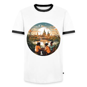 L’aventurier urbain - T-shirt contrasté Homme - blanc/noir - Devant - AI Model Female 172 light (172cm) & AI Model Male 178 dark (178cm)