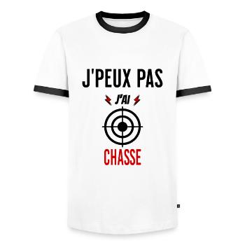 J'peux pas j'ai chasse phrase humoristique - T-shirt contrasté Homme - blanc/noir - Devant - AI Model Female 172 light (172cm) & AI Model Male 178 dark (178cm)