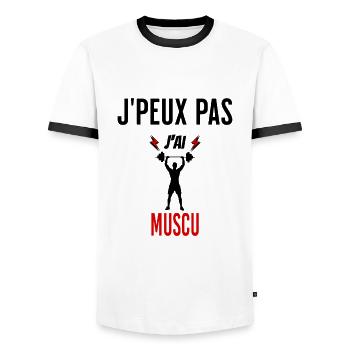 J'peux pas j'ai muscu phrase humoristique - T-shirt contrasté Homme - blanc/noir - Devant - AI Model Female 172 light (172cm) & AI Model Male 178 dark (178cm)