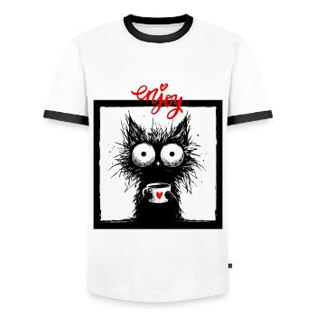 Katze Kaffee Kaffeetrinker Katzenmama Lustig Miau - Männer Kontrast-T-Shirt - Weiß/Schwarz - Vorne - AI Model Female 172 light (172cm) & AI Model Male 178 dark (178cm)