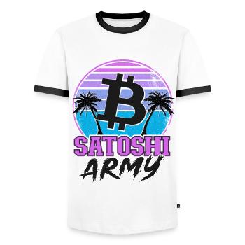 Satoshi Army Retrowave Cryptocurrency BTC Bitcoin - Men's Ringer Shirt - white/black - Front - AI Model Female 172 light (172cm) & AI Model Male 178 dark (178cm)