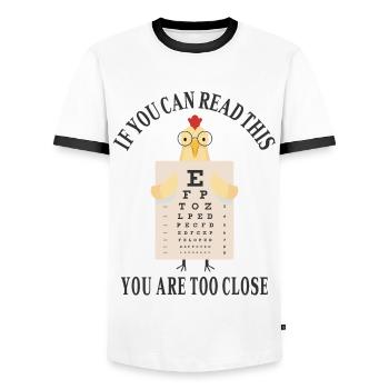 If you can read this you are too close - Men's Ringer Shirt - white/black - Front - AI Model Female 172 light (172cm) & AI Model Male 178 dark (178cm)