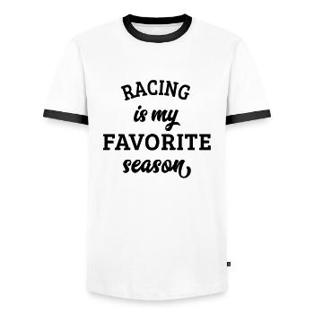 La course est ma saison préférée - T-shirt contrasté Homme - blanc/noir - Devant - AI Model Female 172 light (172cm) & AI Model Male 178 dark (178cm)