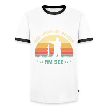 Das Leben ist besser am See Angler Fischerspruch - Männer Kontrast-T-Shirt - Weiß/Schwarz - Vorne - AI Model Female 172 light (172cm) & AI Model Male 178 dark (178cm)