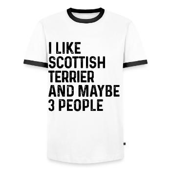 Ich mag Scottish Terrier und vielleicht 3 Personen Hund - Männer Kontrast-T-Shirt - Weiß/Schwarz - Vorne - AI Model Female 172 light (172cm) & AI Model Male 178 dark (178cm)