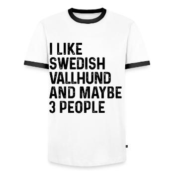 J’aime le vallhund suédois et peut-être le chien de 3 personnes - T-shirt contrasté Homme - blanc/noir - Devant - AI Model Female 172 light (172cm) & AI Model Male 178 dark (178cm)