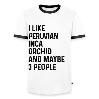 Ich mag peruanische Inka-Orchidee und vielleicht 3 Leute - Männer Kontrast-T-Shirt - Weiß/Schwarz - Vorne - AI Model Female 172 light (172cm) & AI Model Male 178 dark (178cm)