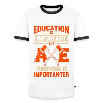 L’éducation est importante Le lancer de hache est plus important - T-shirt contrasté Homme - blanc/noir - Devant - AI Model Female 172 light (172cm) & AI Model Male 178 dark (178cm)