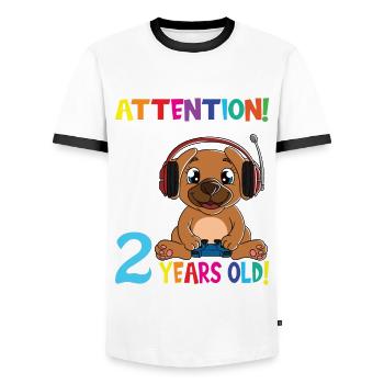 Gaming Dog Attention I Am Now 2 Years Old - Men's Ringer Shirt - white/black - Front - AI Model Female 172 light (172cm) & AI Model Male 178 dark (178cm)