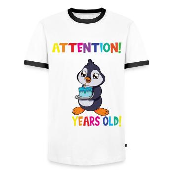 Penguin Attention I Am Now 2 Years Old - Men's Ringer Shirt - white/black - Front - AI Model Female 172 light (172cm) & AI Model Male 178 dark (178cm)