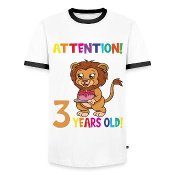 Lion Boy Attention I Am Now 3 Years Old - Men's Ringer Shirt - white/black - Front - AI Model Female 172 light (172cm) & AI Model Male 178 dark (178cm)