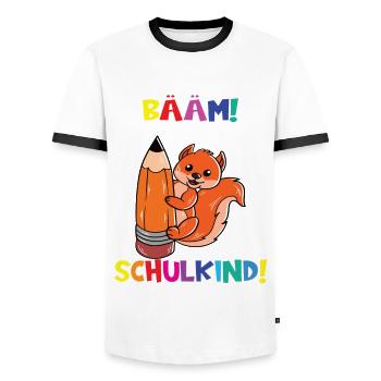 Bääm! Ich Bin Jetzt Schulkind Einschulung - Männer Kontrast-T-Shirt - Weiß/Schwarz - Vorne - AI Model Female 172 light (172cm) & AI Model Male 178 dark (178cm)