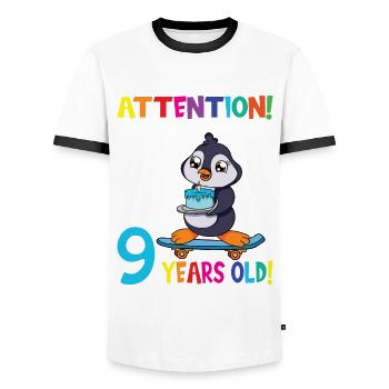 Penguin Birthday I Am Now 9 Years Old - Männer Kontrast-T-Shirt - Weiß/Schwarz - Vorne - AI Model Female 172 light (172cm) & AI Model Male 178 dark (178cm)
