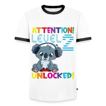 Attention Niveau 2 Anniversaire débloqué - T-shirt contrasté Homme - blanc/noir - Devant - AI Model Female 172 light (172cm) & AI Model Male 178 dark (178cm)