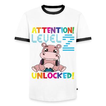 Attention Niveau 2 Anniversaire débloqué - T-shirt contrasté Homme - blanc/noir - Devant - AI Model Female 172 light (172cm) & AI Model Male 178 dark (178cm)
