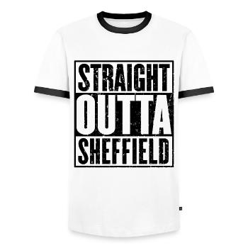 Gerade Outta Sheffield Vintage - Männer Kontrast-T-Shirt - Weiß/Schwarz - Vorne - AI Model Female 172 light (172cm) & AI Model Male 178 dark (178cm)