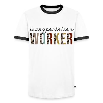 Transport Arbeiter Leopard Print lustig - Männer Kontrast-T-Shirt - Weiß/Schwarz - Vorne - AI Model Female 172 light (172cm) & AI Model Male 178 dark (178cm)